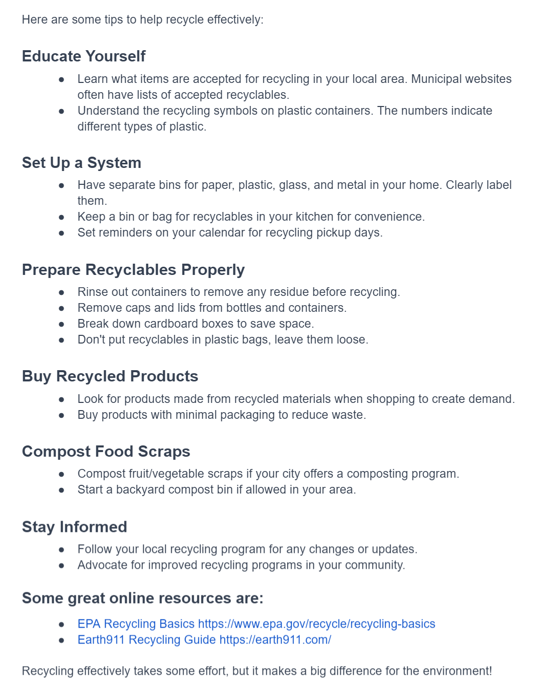 An image of a document about how to recycle effectively which includes the following suggestions: Educate Yourself, Set Up a System, Prepare Recyclables Properal, Buy Recycled Products, Compost Food Scraps, and Stay Informed.